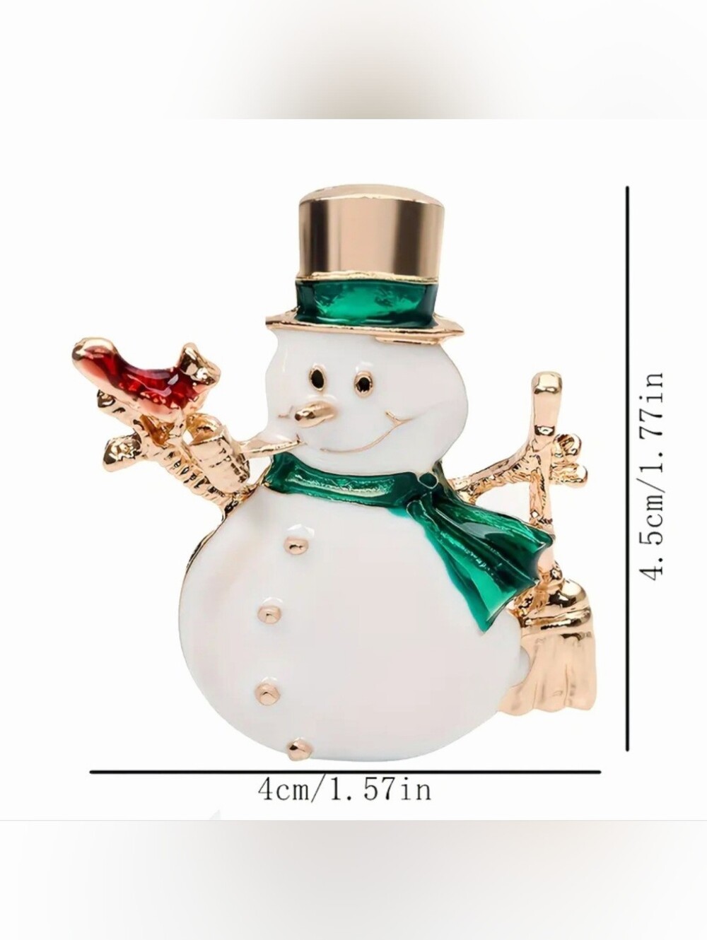 Festive White Snowman Brooch with Green Scarf and Gold Accents - Picture 4 of 4